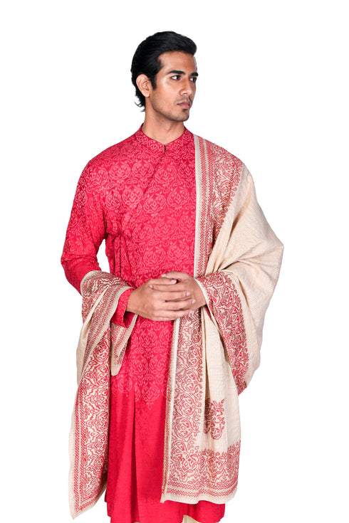 Red Paisley EMB Kurta with Dhoti and Shawl